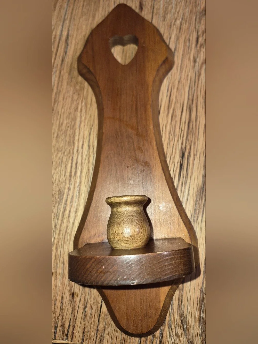 Vintage Wooden Wall-Mounted Candle Sconce featuring a rustic heart cutout